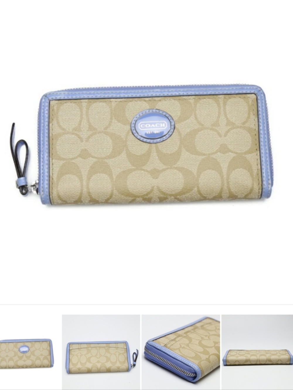 COACH Round Zipper Long Wallet PVC External Pocket Coach Beige x Light Blue